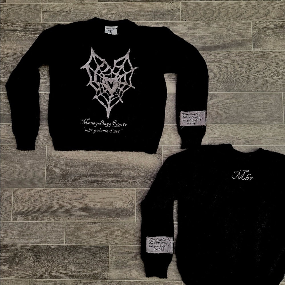Black Mohair Sweater with gray webbed heart Design